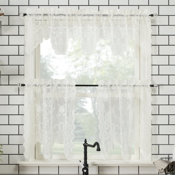 Just-Enjoy Lace 3pc Beige Embroidered Floral Lace Kitchen Curtain Tier & Valance Set Rose Just-Enjoy Lace 3pc Beige Embroidered Floral Lace Kitchen Curtain Tier & Valance Set Rose